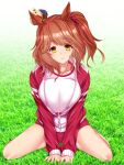  1girl animal_ears aston_machan_(umamusume) blush breasts brown_hair buruma collarbone commentary_request crown green_eyes gym_shirt hair_between_eyes hair_ornament hair_scrunchie hakkai highres horse_ears horse_girl jacket large_breasts long_sleeves looking_at_viewer medium_hair mini_crown parted_lips partially_unzipped red_buruma red_jacket red_scrunchie scrunchie shirt sitting smile solo tilted_headwear tracen_training_uniform track_jacket umamusume wariza white_shirt 