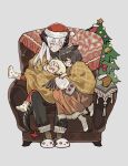  255ten 3girls absurdres arknights armchair black_pants blanket blonde_hair brown_hair chair chinese_commentary christmas christmas_tree closed_eyes closed_mouth commentary_request demon_horns dragon_girl dragon_horns dragon_tail feather_hair full_body glasses grey_background grey_hair hat highres horns ifrit_(arknights) long_hair long_sleeves multiple_girls nose_bubble on_chair orange_skirt pants santa_hat saria_(arknights) short_hair silence_(arknights) sitting skirt sleeping sleeping_upright slippers smile socks star_(symbol) tail white_socks winged_arms wings 