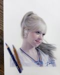  1.m.fine 1girl aegyo_sal blonde_hair colored_pencil colored_pencil_(medium) commentary_request earpiece east_asian hair_behind_ear highres k-pop korean_commentary lily_(nmixx) long_hair looking_ahead making-of_available nmixx pencil photo_(medium) photorealistic portrait real_life realistic red_lips shirt signature smile solo traditional_media white_background white_shirt 