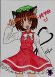  animal_ears bad_id bad_pixiv_id brown_eyes brown_hair capoleco cat_ears chen hat multiple_tails open_mouth signature solo tail touhou traditional_media 