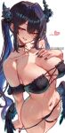  1girl asymmetrical_horns bare_shoulders bikini bikini_bottom_lift black_bikini black_choker black_hair black_horns black_nails black_wings blue_hair blue_horns blush breasts choker cleavage collarbone colored_inner_hair commentary english_commentary eyelashes eyepatch_bikini fingernails frilled_bikini frills groin hair_intakes heart highres hololive hololive_english horns klopsiak large_breasts lifting_own_clothes long_hair looking_at_viewer mole mole_under_eye multicolored_hair nail_polish navel nerissa_ravencroft o-ring o-ring_thigh_strap pink_eyes simple_background smile solo stomach sweat swimsuit thigh_strap thighs twintails two-tone_hair uneven_horns virtual_youtuber white_background wings 