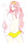  1boy bulge hairband long_hair male_focus nipples open_clothes open_shirt pink_hair shirt simple_background solo trap tsukimiya_ringo uta_no_prince-sama 
