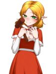  1girl alternate_costume arm_warmers blonde_hair blush breasts cleavage closed_mouth commentary_request cowboy_shot dress green_eyes highres holding holding_mallet holding_nail looking_at_viewer mallet medium_breasts mizuhashi_parsee nail_(hardware) parted_hair pointy_ears red_dress santa_costume short_hair simple_background smile solo touhou white_background yokozuna_iwashi 
