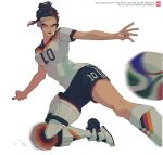  1girl 2026_fifa_world_cup apex_legends axle_(apex_legends) ball black_lips black_shorts brown_hair country_connection earrings frown german_national_soccer_team_uniform jamal_musiala jewelry joong_beak looking_to_the_side mechanical_legs motion_blur open_hand orange_eyes shirt shorts single_mechanical_leg soccer_ball soccer_uniform solo sportswear trionda v-shaped_eyebrows white_background white_shirt world_cup 