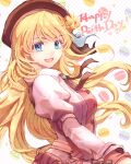  1girl agnes_claudel beret blonde_hair blue_eyes braid braided_base bun_with_braided_base commentary_request double-parted_bangs eiyuu_densetsu hair_bun happy_birthday hat highres kai_no_kiseki koyagistock kuro_no_kiseki_(series) long_hair looking_at_viewer low-tied_long_hair open_mouth red_hat ribbed_sweater simple_background single_side_bun sweater 