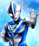  1boy alien blue_background blue_skin blue_theme clenched_hand collarbone color_timer colored_skin commentary compound_eyes dorsal_fin fighting_stance giant giant_male glowing glowing_eyes hand_up hanejidyna86 head_tilt highres light_particles looking_at_viewer male_focus multicolored_skin no_pupils open_hand outstretched_hand pectorals pointy_ears silver_skin solo spread_fingers tokusatsu toned toned_male twitter_username two-tone_skin ultra_series ultraman_teo ultraman_teo_(series) upper_body white_eyes 