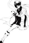  1boy absurdres arms_at_sides blunt_ends bridal_gauntlets closed_mouth curled_fingers full_body furisode gem genshin_impact greyscale highres japanese_clothes juban kaimochi0839 kimono leg_warmers male_focus monochrome open_clothes open_kimono parted_bangs pom_pom_(clothes) scaramouche_(genshin_impact) short_sleeves shorts shoulder_peek side_cape solo tsurime vision_(genshin_impact) wanderer_(genshin_impact) watermark white_background 