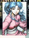  1girl art_tools_in_frame black_hair brown_eyes closed_mouth commentary english_commentary highres japanese_clothes kimono kurama_(yu_yu_hakusho) long_hair looking_at_viewer marker_(medium) obi obijime photo_(medium) pink_kimono sash signature smile solo stanley_lau traditional_media white_sash yu_yu_hakusho 