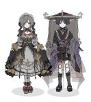  1boy 1girl adapted_costume ankle_bow armor arms_at_sides black_bow black_dress black_hair black_hat black_kimono black_sandals black_shorts black_sleeves blunt_bangs blunt_ends bonnet bow brooch brown_hair ce5_ez cleavage_cutout clothing_cutout collared_dress commentary crinoline curtsey doll_joints dress drill_hair drill_sidelocks electro_symbol_(genshin_impact) eyelashes eyeliner footwear_bow full_body gem genshin_impact gold grey_veil haidate hair_bow hakama hakama_shorts han'eri hat highres japanese_armor japanese_clothes jewelry jingasa joints juban kimono kote kurokote kusazuri layered_dress layered_kimono layered_sleeves legwear_garter lolita_fashion looking_at_viewer makeup mitsudomoe_(shape) obi open_hand pantyhose platform_sandals pleated_shorts purple_eyes purple_gem purple_rope purple_sash purple_sleeves red_bow red_eyeliner red_gem red_hat red_kimono red_sash rope sandals sandrone_(genshin_impact) sash scaramouche_(genshin_impact) shadow shimenawa short_hair short_hair_with_long_locks shorts sidelocks single_sode sleeves_past_wrists smile standing straight-on swept_bangs tassel toeless_legwear tomoe_(symbol) two-tone_hat veil vision_(genshin_impact) white_bonnet white_dress white_kimono white_pantyhose white_rope wide_sleeves wing_collar wispy_bangs yellow_bow yellow_sleeves zouri 