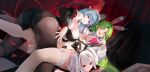  3girls absurdres animal_ear_hairband animal_ears azur_lane black_pantyhose black_sleeves blue_hair breasts commentary_request detached_sleeves facial_mark fake_animal_ears green_hair hairband hat highres jester_cap large_breasts leotard long_hair looking_at_viewer marco_polo_(ambitious_showcase)_(azur_lane) marco_polo_(azur_lane) multicolored_hair multiple_girls nontraditional_playboy_bunny official_alternate_costume one_eye_closed open_mouth pantyhose prinz_adalbert_(azur_lane) prinz_adalbert_(the_black-and-white_magician)_(azur_lane) rabbit_ear_hairband rabbit_ears raffaello_(azur_lane) raffaello_(magical_combo_masterpiece)_(azur_lane) red_eyes red_hair red_streaks star_(symbol) star_facial_mark streaked_hair suo_bu_ye_feng thigh_strap tongue tongue_out twintails two-tone_headwear white_hair white_leotard yellow_eyes 