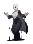  1girl bald bald_female black_coat black_dress breasts coat commentary dress english_commentary genderswap genderswap_(mtf) highres hole_in_hand large_breasts melting saku_ram scar_across_eyes skeleton smile solo sweater thighs turtleneck turtleneck_sweater undertale utdr_(toby_fox) w.d._gaster white_sweater 