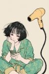  1girl black_eyes black_hair cellphone character_request commentary_request drying drying_hair floating hair_dryer higashiyama_shou highres holding holding_phone levitation light_blush light_smile long_sleeves looking_at_phone on_floor pajamas phone short_hair simple_background sitting sleeves_rolled_up smartphone solo undark:_atarashii_toumei_na_chikara_no_subete 