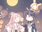  1boy 1girl aeon_(shining_nikki) ahoge animal animal_ear_hood animal_ears animal_on_head animal_print beads black_eyes black_shirt black_skirt blue_coat blue_hair blush_stickers bow bowtie cat cat_on_head chibi chinese_clothes chinese_commentary chinese_hairpin cloak clothed_animal coat collared_shirt commentary_request falling_petals festival flower food food_bite full_moon hair_between_eyes hair_bun hair_flower hair_ornament hair_stick hanfu happy high-waist_skirt high_collar holding holding_food holding_staff hood hood_down hood_up hooded_cloak hooded_coat interruption_(echo-023) lantern light_particles long_hair long_sidelocks long_sleeves looking_at_another messy_hair momo_(nikki) moon moon_print nikki_(nikki) nikki_(series) no_mouth on_head open_mouth orange_bow orange_bowtie outdoors paper_lantern petals pink_hair print_coat rabbit_ears rabbit_print robe shining_nikki shirt short_hair sidelocks signature single_hair_bun skirt sky sleeves_past_fingers sleeves_past_wrists smile solid_oval_eyes staff star_(sky) starry_sky traditional_bowtie turtleneck turtleneck_shirt twilight upper_body very_long_hair white_cat white_flower white_hanfu white_robe white_shirt wide_sleeves yellow_cloak zipper 