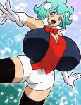 1girl absurdres alternate_breast_size_(larger) black_leggings blue_background blue_eyes blue_hair bow bowtie breasts cleavage commentary_request gloves highres hitokiwa_kenchin huge_breasts large_breasts leggings magic midriff_peek musical_note red_bow red_bowtie red_shirt rhythm_tengoku rhythm_tengoku_miracle_stars shirt shorts sleeveless smile thick_thighs thighs tomboy white_gloves white_shorts yu_(beatspell) 