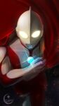  1boy alien artist_logo cape color_timer colored_skin commentary compound_eyes dark_background dorsal_fin floating_cape from_above giant giant_male glint glowing glowing_eyes hand_up highres light_particles logo looking_ahead male_focus mizunotsuki multicolored_skin no_pupils pectorals red_cape red_skin silver_skin simple_background solo tokusatsu toned toned_male two-tone_skin ultra_series ultraman ultraman_(1st_series) upper_body white_eyes 