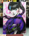  1girl art_tools_in_frame black_hair black_lips blue_eyes blue_streaks bodystocking breasts clown_makeup commentary dagger dc_comics ear_piercing english_commentary highres holding holding_dagger holding_knife holding_weapon knife long_hair looking_at_viewer marker_(medium) multicolored_hair parted_lips photo_(medium) piercing ponytail punchline_(dc) purple_bodystocking signature solo stanley_lau streaked_hair traditional_media weapon 