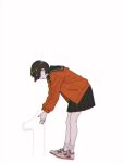  1girl absurdres black_sailor_collar black_skirt character_request commentary_request from_side full_body higashiyama_shou highres jacket leaning_forward lifting_object official_art orange_jacket pleated_skirt promotional_art sailor_collar school_uniform shoes simple_background skirt sneakers socks solo undark:_atarashii_toumei_na_chikara_no_subete white_background white_socks 