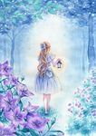  2010 bellflower blonde_hair blue_dress bow colored_pencil_(medium) dress eri-noa flower forest from_behind hair_bow lantern leaf long_hair nature night original signature solo traditional_media tree walking watercolor_(medium) 