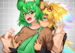  2girls absurdres ahoge animal_ears antlers arielle_(vtuber) black_nails black_shirt blonde_hair blue_eyes blush breasts brown_shirt commentary deer_ears english_commentary eyewear_on_head grabbing_another's_breast green_eyes green_hair green_overalls groping hair_between_eyes hair_ornament haruka_karibu haruka_karibu_(tomboy) heart heart_ahoge highres horns indie_virtual_youtuber large_breasts liquid_hair long_hair multicolored_hair multiple_girls nipple_stimulation open_mouth overalls rainbow_hair reindeer_antlers reindeer_girl shirt short_hair sunglasses triangular_eyewear under_eko virtual_youtuber x_hair_ornament yuri 