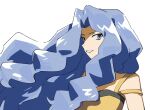  1girl absurdres anyadesu_yo bare_shoulders big_hair blue_eyes blue_hair breasts camisole commentary_request crop_top floating_hair highres karen_(pokemon) long_hair looking_at_viewer parted_hair pokemon pokemon_gold/silver/crystal pokemon_heartgold_and_soulsilver simple_background smile spaghetti_strap tagme upper_body wavy_hair white_background yellow_camisole 