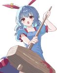  1girl ambiguous_red_liquid animal_ears blue_dress blue_hair blush dress earclip holding holding_mallet kine long_hair looking_at_viewer mallet open_mouth puffy_short_sleeves puffy_sleeves rabbit_ears rabbit_girl red_eyes seiran_(touhou) shi_nou short_sleeves simple_background solo touhou white_background 