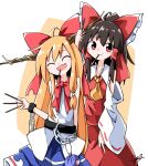  2girls :d ahoge arm_behind_back ascot asymmetrical_sidelocks belt black_belt bow bowtie brown_hair brown_horns chain closed_eyes closed_mouth collarbone commentary_request contrast_collar cowboy_shot cuffs detached_sleeves fang food food_in_mouth frilled_bow frills generalcanon gourd hair_between_eyes hakurei_reimu hand_up head_tilt highres holding holding_food holding_pocky horns ibuki_suika light_blush long_hair looking_at_viewer low-tied_sidelocks multiple_girls open_mouth orange_hair pocky pocky_day pocky_in_mouth ponytail raised_eyebrows red_bow red_bowtie red_eyes red_shirt red_skirt shackles shirt side-by-side sidelocks signature simple_background skin_fang skirt sleeveless sleeveless_shirt smile touhou two-tone_background very_long_hair white_background white_sleeves wide_sleeves yellow_ascot yellow_background 