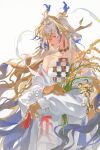  1girl absurdres arknights bare_shoulders chinese_commentary closed_eyes closed_mouth colored_extremities commentary_request cowboy_shot dragon_girl dragon_horns earrings eastern_dragon_horns eyeliner facing_viewer grey_hair hair_between_eyes hair_intakes highres holding holding_plant horns jewelry long_hair long_sleeves makeup multicolored_hair necklace orange_eyeliner plant pointy_ears red_lips rice_(plant) sanye308 shu_(arknights) simple_background solo strapless tube_top white_background white_tube_top yellow_hands 