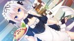  1girl :< alternate_costume apron black_bow black_ribbon blue_eyes bow bowtie braid breasts chair chalkboard cleavage_cutout closed_mouth clothing_cutout dutch_angle food frills game_asset hair_between_eyes hair_bow hair_ribbon holding holding_plate holding_spoon indoors jambread ketchup long_hair looking_at_viewer maid maid_apron maid_headdress non-web_source official_art omelet omurice plant plate potted_plant ribbon self-datamine shinsou_kenki_arch_saver short_hair short_sleeves shoulder_cutout side_braid small_breasts solo spoon table tablecloth tray vase visual_novel_cg waist_apron white_hair wrist_cuffs yuno_plaftskaya 