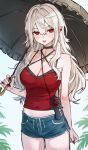  1girl absurdres alternate_costume bare_shoulders black_choker blonde_hair blue_shorts blush breasts choker cleavage commentary criss-cross_halter cross cross_choker dolphin_shorts earrings fingernails genderswap genderswap_(mtf) hair_between_eyes hair_intakes hair_over_shoulder halterneck handheld_electric_fan highres holding holding_umbrella jewelry kunimoto_rikuya large_breasts long_fingernails long_hair looking_at_viewer midriff_peek nail_polish nijisanji open_mouth outdoors pointy_ears red_eyes red_nails red_shirt sanya_(nijisanji) shirt short_shorts shorts sleeveless sleeveless_shirt solo spaghetti_strap stud_earrings umbrella vampire virtual_youtuber 