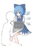  1girl 1other absurdres blue_bow blue_dress blue_eyes blue_hair bow cirno closed_mouth collared_shirt commentary_request computer detached_wings dress expressionless hair_bow highres ice ice_wings laptop mori_dobonua_(mordvna) mundane_utility neck_ribbon open_mouth pinafore_dress red_ribbon ribbon shirt simple_background sleeveless sleeveless_dress smile touhou translation_request white_background white_shirt wings 