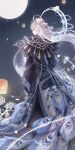  1girl animal animal_print beads bird bird_print black_capelet black_hanfu branch capelet chinese_clothes chinese_hairpin circlet closed_mouth commentary crescent crescent_hair_ornament expressionless feather-trimmed_capelet feather_hair_ornament feathers floating_hair flower from_behind full_body full_moon grey_hair hair_beads hair_ornament hair_stick half_updo halo halo_behind_head hanfu highres holding holding_animal holding_bird interruption_(echo-023) lantern light_particles long_hair long_sleeves looking_at_viewer looking_back making-of_available moon moonset_(shining_nikki) night nikki_(series) outdoors paper_lantern peacock peacock_feathers peafowl petals pointy_nose shining_nikki sky smoke solo star_(sky) starry_sky topknot untranslatable_commentary very_long_hair white_flower white_halo wide_sleeves yellow_eyes yunjian 