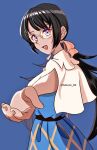  1girl :d black_hair blue_background blue_dress commentary dress fire_emblem fire_emblem:_fortune's_weave fuburon_84 glasses looking_at_viewer looking_to_the_side low_twintails open_mouth outstretched_arm purple_eyes reaching reaching_towards_viewer shawl simple_background smile tiara_(fire_emblem) twintails white_shawl 