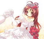  alternate_costume bad_id bad_pixiv_id bouquet bow dress elbow_gloves flower gloves hair_bow hair_ornament hina2002to holding_hands jewelry long_hair mahou_shoujo_madoka_magica necklace out_of_frame red_eyes red_hair rose sakura_kyouko solo_focus strapless strapless_dress tiara wedding_dress white_gloves 