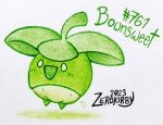  :d artist_name blush bounsweet commentary dated english_commentary full_body green_theme highres monochrome motion_lines no_humans open_mouth pokedex_number pokemon pokemon_(creature) pokemon_focus smile solid_oval_eyes solo traditional_media white_background zerokirbyarts 