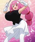  1girl absurdres alternate_breast_size_(larger) black_shirt breasts commentary_request cross_tie gloves highres hitokiwa_kenchin huge_breasts large_breasts leggings long_hair magic multi-tied_hair musical_note narra_(beatspell) pink_background pink_eyes pink_hair red_cross_tie rhythm_tengoku rhythm_tengoku_miracle_stars shirt skirt sleeveless very_long_hair wand white_gloves white_leggings white_skirt 