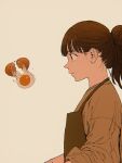  1girl absurdres apron blunt_bangs broken_egg brown_eyes brown_hair brown_shirt closed_mouth commentary_request egg egg_yolk floating from_side hair_bun higashiyama_shou highres kisaki_maria_(undark:_atarashii_toumei_na_chikara_no_subete) levitation long_hair long_sleeves looking_ahead shirt simple_background sleeves_rolled_up solo undark:_atarashii_toumei_na_chikara_no_subete upper_body 