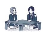  akiyama_mio blazer cake food fork fruit grin headband jacket k-on! long_hair multiple_girls school_uniform short_hair smile strawberry suan_ringo table tainaka_ritsu 