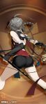  1girl absurdres ahoge ass back_cutout bare_shoulders black_gloves black_shorts braid braided_hair_rings brown_background chinese_commentary clothing_cutout commentary_request copyright_name copyright_notice elbow_gloves facing_away feet_out_of_frame fighting_stance fingerless_gloves from_behind gloves grey_hair hair_rings highres jingui_(xinyue_tongxing) logo official_art official_wallpaper ponytail red_shirt shirt short_ponytail short_shorts shorts sleeveless sleeveless_shirt solo weapon xinyue_tongxing 