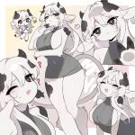 1girl 1other :< ? absurdres animal_ears arm_under_breasts black_eyes black_hair black_horns body_fur border bottle breasts bright_pupils chibi closed_eyes commentary covered_navel cow_ears cow_girl cow_tail dress ear_tag furry furry_female gradient_background highres hooves horns kid094ff large_breasts long_hair milk milk_bottle multicolored_hair no_nose one_eye_closed original outside_border pointing solo_focus sweatdrop sweater sweater_dress tail untranslatable_commentary white_border white_fur white_hair white_pupils yellow_background 