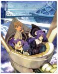  1boy 2girls absurdres aircraft airship bare_shoulders black_robe blonde_hair blue_eyes border clain_(fractale) fractale hidari_(left_side) highres juliet_sleeves long_hair long_sleeves multiple_girls nessa_(fractale) official_art open_mouth outdoors phryne_(fractale) puffy_sleeves purple_hair robe scan ship's_wheel short_hair third-party_source twintails white_border 