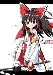  1girl ascot bow brown_hair collarbone commentary contrast_collar detached_sleeves floating_hair frilled_bow frilled_skirt frills full_body generalcanon hair_between_eyes hair_bow hakurei_reimu highres holding holding_stick letterboxed light_blush looking_at_viewer ofuda on_one_knee ponytail red_bow red_eyes red_shirt red_skirt shirt sidelocks signature simple_background skirt sleeveless smirk solo stick touhou v-shaped_eyebrows white_background wide_sleeves yellow_ascot 