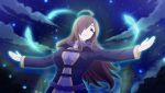  1girl ahoge breasts brown_eyes brown_hair casting_spell closed_mouth cloud dress gambeson game_asset hair_over_one_eye high_collar highres hood hood_down hooded_robe house kono_subarashii_sekai_ni_shukufuku_wo! kono_subarashii_sekai_ni_shukufuku_wo!_kono_yokubukai_game_ni_shinpan_o! large_breasts long_dress long_hair long_sleeves looking_up magic night non-web_source official_art open_hands outstretched_arms purple_dress purple_robe robe self-datamine sky smile solo standing star_(sky) starry_sky upper_body wavy_hair wiz_(konosuba) 