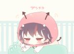  1girl 23_(candy_chapus) aged_down alternate_costume baby black_hair blush closed_mouth commentary_request cone_horns horns kijin_seija multicolored_hair onesie red_eyes red_hair short_hair small_horns solo streaked_hair tantrum touhou white_hair white_horns 