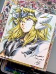  1boy abstract_background armor art_tools_in_frame bird blonde_hair blue_eyes closed_mouth commentary cropped_torso cygnus_hyouga duck english_commentary headpiece highres male_focus marker_(medium) photo_(medium) saint_seiya shikishi signature silver_armor solo stanley_lau traditional_media 