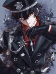  1boy black_gloves black_hair black_hat black_jacket black_necktie cinquecento colored_tips commentary_request gloves grey_background hair_between_eyes hand_up hat jacket looking_at_viewer male_focus multicolored_hair necktie peaked_cap red_eyes red_hair red_shirt rex_(silver_palace) shirt short_hair silver_palace solo upper_body watermark 