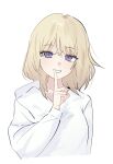  1girl bang_dream! bang_dream!_it's_mygo!!!!! commentary finger_to_mouth highres hood hood_down hoodie index_finger_raised long_sleeves misumi_uika peke_(pekeiscat) purple_eyes shushing simple_background solo white_background white_hoodie 