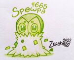  artist_name commentary dated english_commentary full_body green_theme highres monochrome no_humans pokedex_number pokemon pokemon_(creature) pokemon_focus solo spewpa square_pupils traditional_media white_background zerokirbyarts 