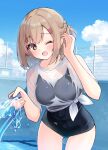  1girl black_one-piece_swimsuit blue_sky blush braid breasts brown_eyes brown_hair childhood_friend_(ominaeshi) cloud commentary_request hair_between_eyes hair_ornament hairclip highres holding holding_hose hose looking_at_viewer medium_breasts ominaeshi_(takenoko) one-piece_swimsuit one_eye_closed open_mouth original outdoors pool school_swimsuit see-through_clothes see-through_shirt shirt sky solo swimsuit swimsuit_under_clothes tied_shirt water wet wet_clothes wet_shirt white_shirt 