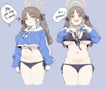  1girl :d ? arms_behind_back aroused between_breasts bikini black_ribbon blue_archive blue_hoodie bomb breasts brown_hair clothes_lift commentary cropped_hoodie english_commentary english_text explosive front-tie_bikini_top front-tie_top groin hair_ribbon halo hands_up highres hip_focus hood hoodie hoodie_lift large_breasts lifting_own_clothes long_hair meme moe_(blue_archive) moe_(swimsuit)_(blue_archive) multiple_views naughty_face navel parallelrey pipe_bomb presenting_own_body ribbon side-tie_bikini_bottom smile standing stomach swimsuit teasing thighs twintails yellow_eyes yellow_halo your_bra_strap_is_showing_(meme) 