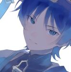  1boy black_bodysuit blue_cape blue_eyes blue_hair blue_hat blue_jingasa blue_theme blunt_ends bodysuit cape choppy_bangs closed_mouth commentary_request covered_collarbone genshin_impact hat highres japanese_clothes jingasa kimono light_smile looking_at_viewer male_focus mandarin_collar maru00163 portrait scaramouche_(genshin_impact) shoulder_peek side_cape solo tsurime wanderer_(genshin_impact) white_background white_kimono 